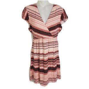 Dakini Womens Large Wrap Dress Striped Dot Detail V-Neck Stretch Cap Sleeve Ties